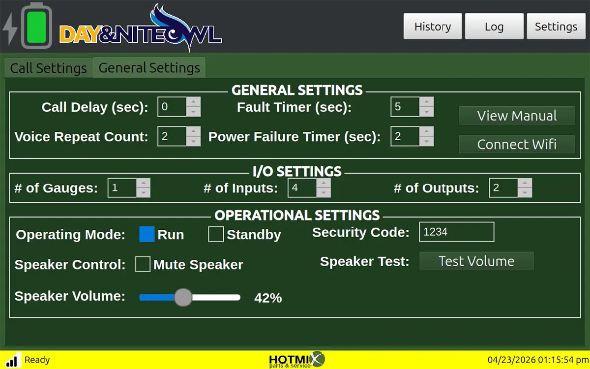 Day & NiteOwl alarm settings screen