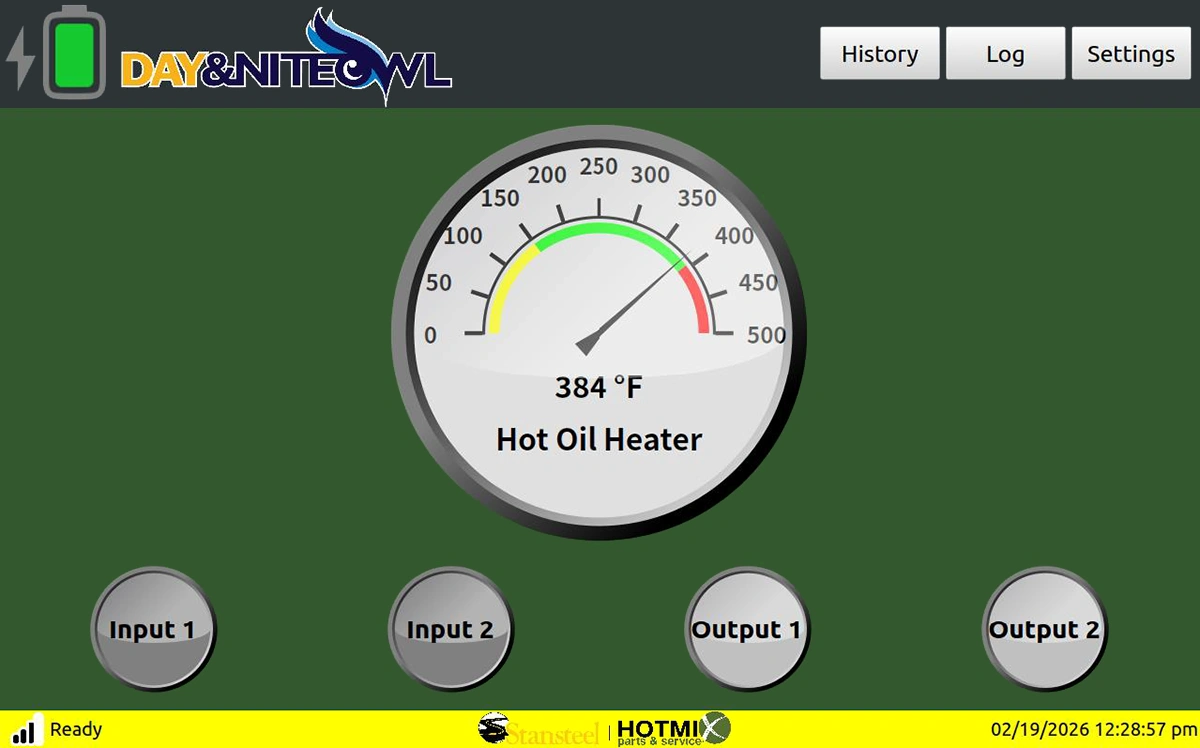 Hot Oil Heater monitoring gauge screen with inputs and outputs