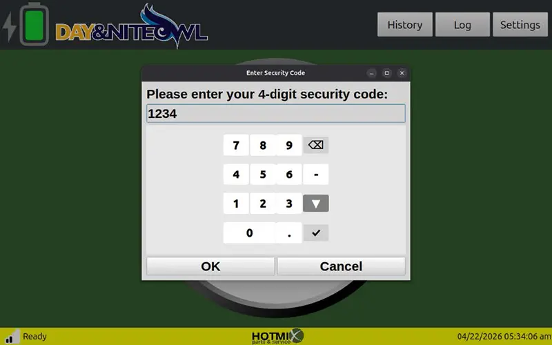 Security screen for changing plant monitoring settings on the Day & NiteOwl
